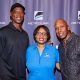 CEO Stephanie Wiggins, center, poses with Byron Scott, left, and Jeffrey Osborne, who serve as guest conductors on the Metrolink rail system. (Photo by: Jose Ubeda | Metrolink)