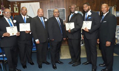 Left to right: Taylor Washington (Inductee), Marcus Conley (Inductee), Ruben Grant (Florida State Director), Will Evans (President-Nu Beta Sigma Chapter), Randy Sewell (Inductee), Joshua Rogers (Inductee) and Jason Edgar (Southern Regional Social Action Director) (Photo by: Ron Lott)