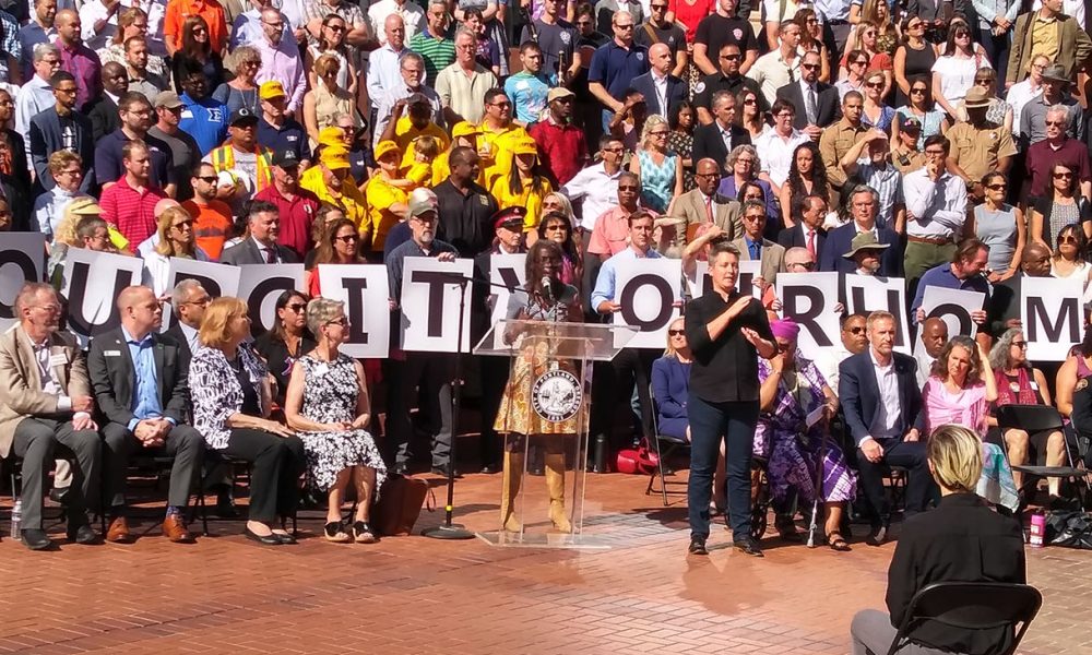 At a press conference prior to Saturday’s rally, Commissioner Jo Ann Hardesty told the crowd, “I unequivocally support people who stand up against white supremacists, white nationalists, and people who are filled with hate and bile.” (Photo by Saundra Sorensen)