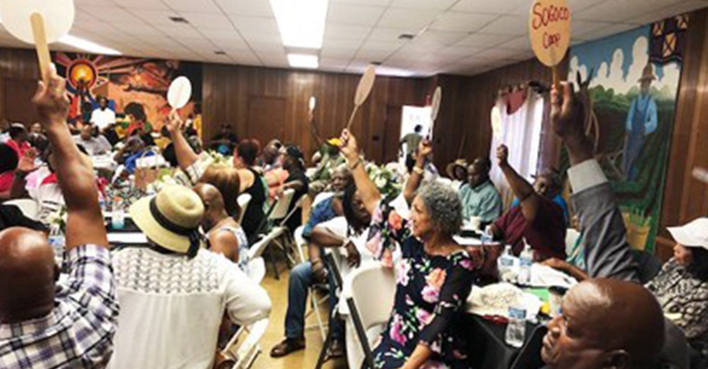 Co-op members voting with paddles, for each dues paying co-op, at FSC Annual Meeting.