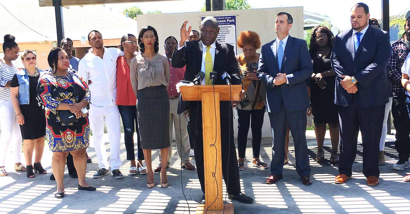 Civil Rights Attorney Benjamin Crump addresses media at historic Jack Johnson Park in Galveston, Texas. Photo Credit: Jeffrey L. Boney