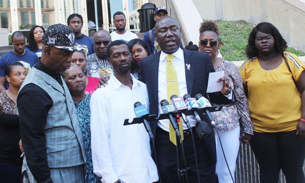 Civil Rights Attorney Benjamin Crump and Baytown, Texas beating victim Kedrick Crawford at press conference held at Harris County Civil Courthouse in Houston, Texas.