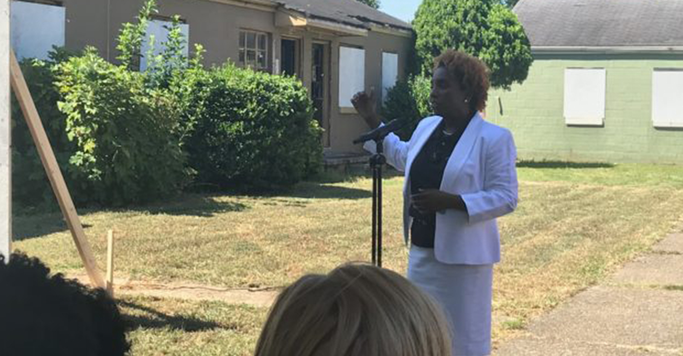 Lisa McCarroll, CEO of Navigate Affordable Housing at Demolition Day at Center Court Apartments in Titusville. (Photo by: Erica Wright Photos, The Birmingham Times)