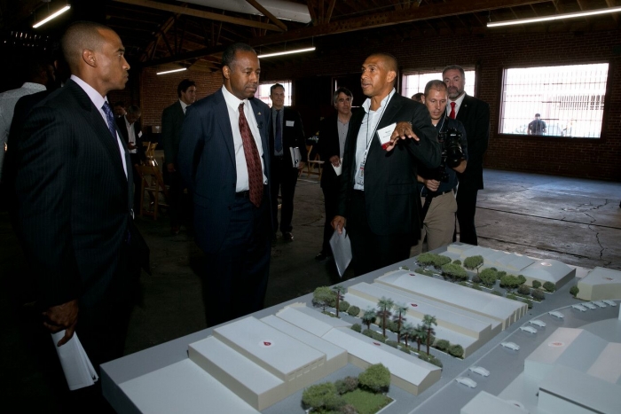 (L to R) Scott Turner, Dr. Ben Carson, Martin Muoto discussing plans for The Beehive (Courtesy Photo: Sola Impact)