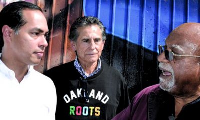 From left to right, presidential candidate Julian Castro, Noel Gallo and Post and El Mundo publisher Paul Cobb at Fruitvale BART Oscar Grant mural. Cobb and Gallo explained the police accountability issue and how it motivated voter registration increases throughout the Bay Area. (Photo by: Bill Wilson)