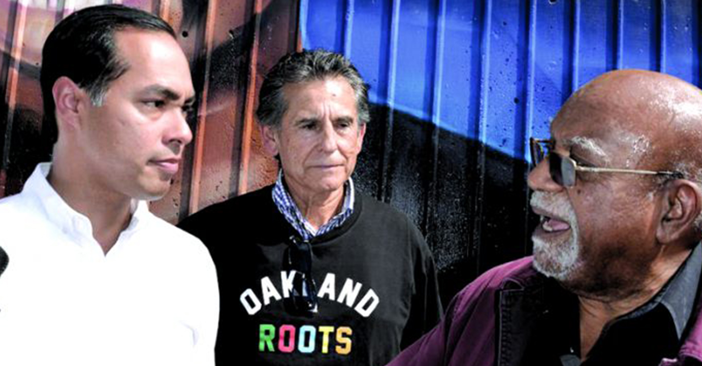 From left to right, presidential candidate Julian Castro, Noel Gallo and Post and El Mundo publisher Paul Cobb at Fruitvale BART Oscar Grant mural. Cobb and Gallo explained the police accountability issue and how it motivated voter registration increases throughout the Bay Area. (Photo by: Bill Wilson)