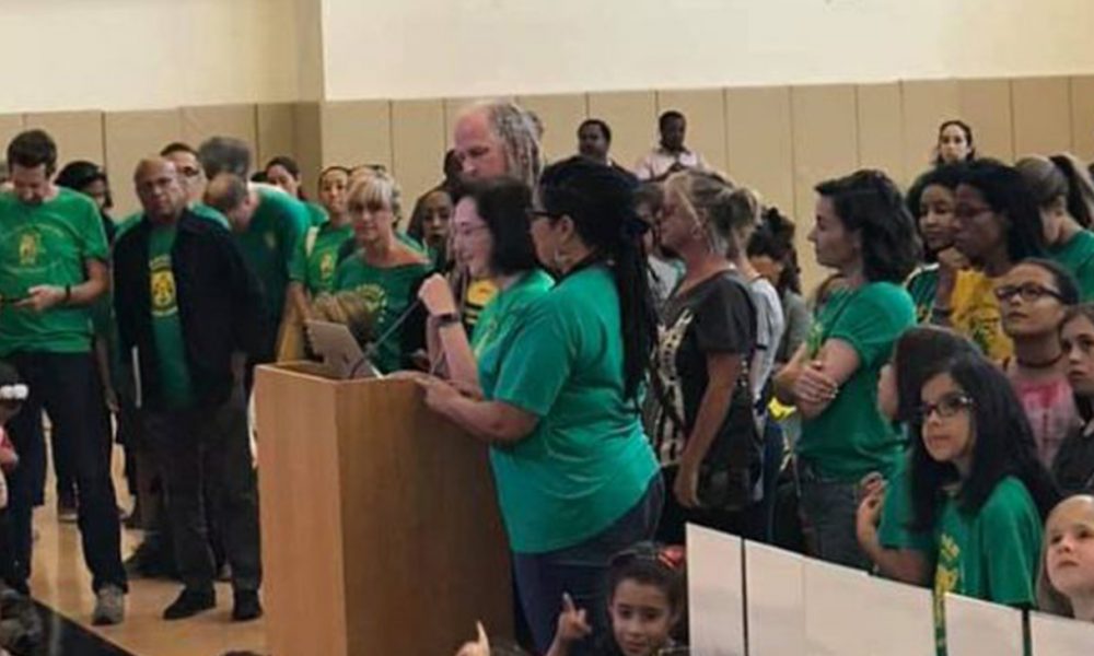 Teachers, students and parents speak at standing-room only Oakland Board of Education meeting, Wednesday, Sept. 11. (Photo courtesy of Chastity Garcia, Facebook.)