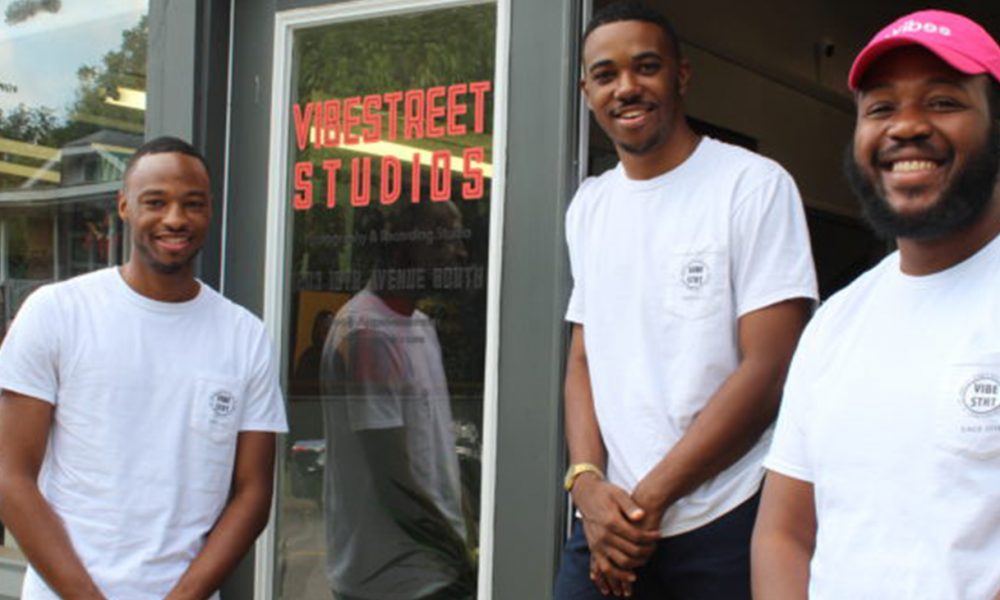 From left: Joshua Echols, Micah Lewis and Jerrod Dukes in front of Vibestreet Studios. (Photo by: Ameera Steward |The Birmingham Times)