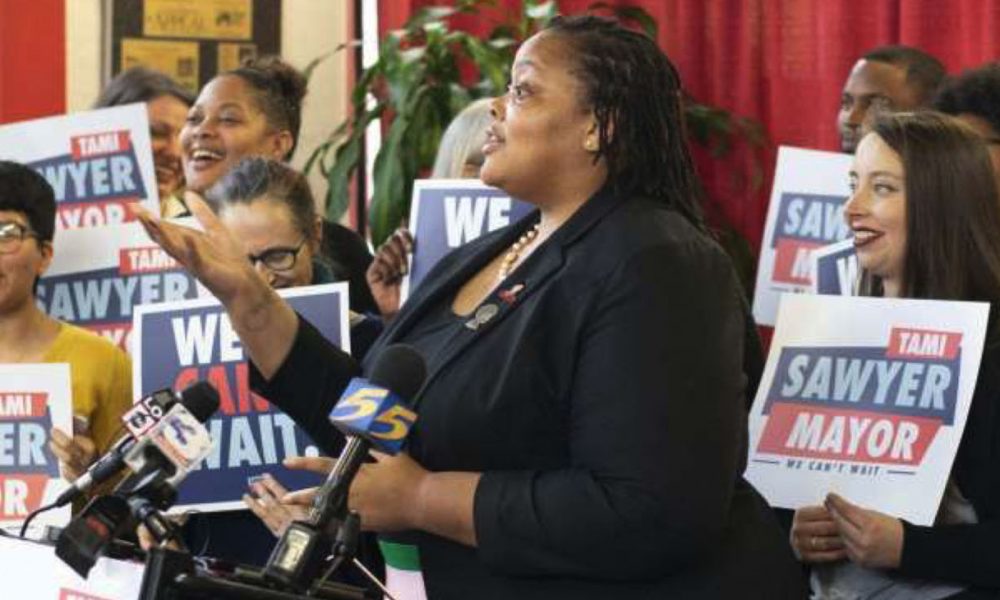 Tami Sawyer announces her run for Memphis mayor at a small business downtown. (Johnathan Martin)