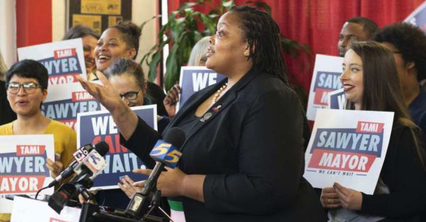 Tami Sawyer announces her run for Memphis mayor at a small business downtown. (Johnathan Martin)