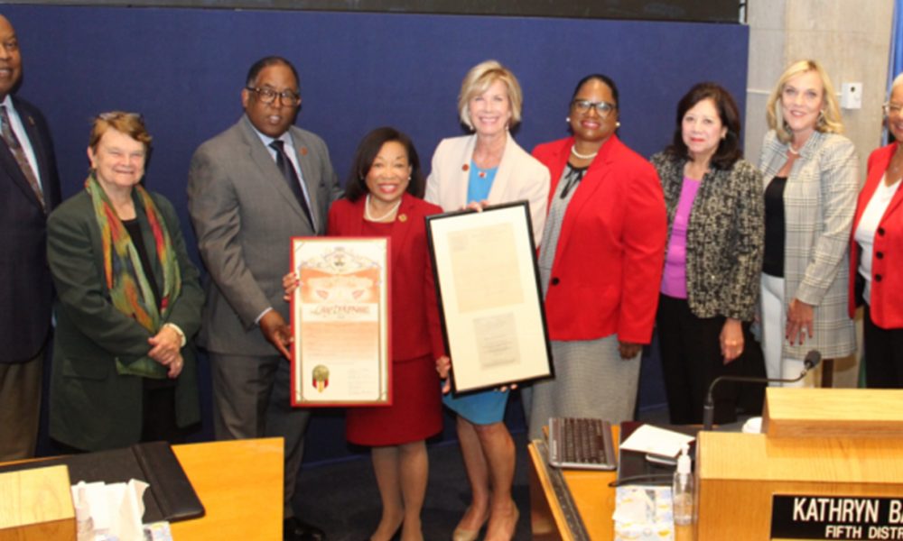 President McNair (center, left) and Supervisor Janice Hahn (center, right) are joined by (left to right) Tuskegee’s First Gentleman Dr. George W. Roberts, Supervisor Sheila Kuehl, Supervisor Mark Ridley-Thomas, Tuskegee Board of Trustees Chair Norma Clayton, Supervisor Hilda Solis, Supervisor Kathryn Barger, and Victoria Pipkin-Lane, retired executive director of the County of Los Angeles’ Quality and Productivity Commission, who organized the Board of Supervisors’ recognition efforts. (Tuskegee University)