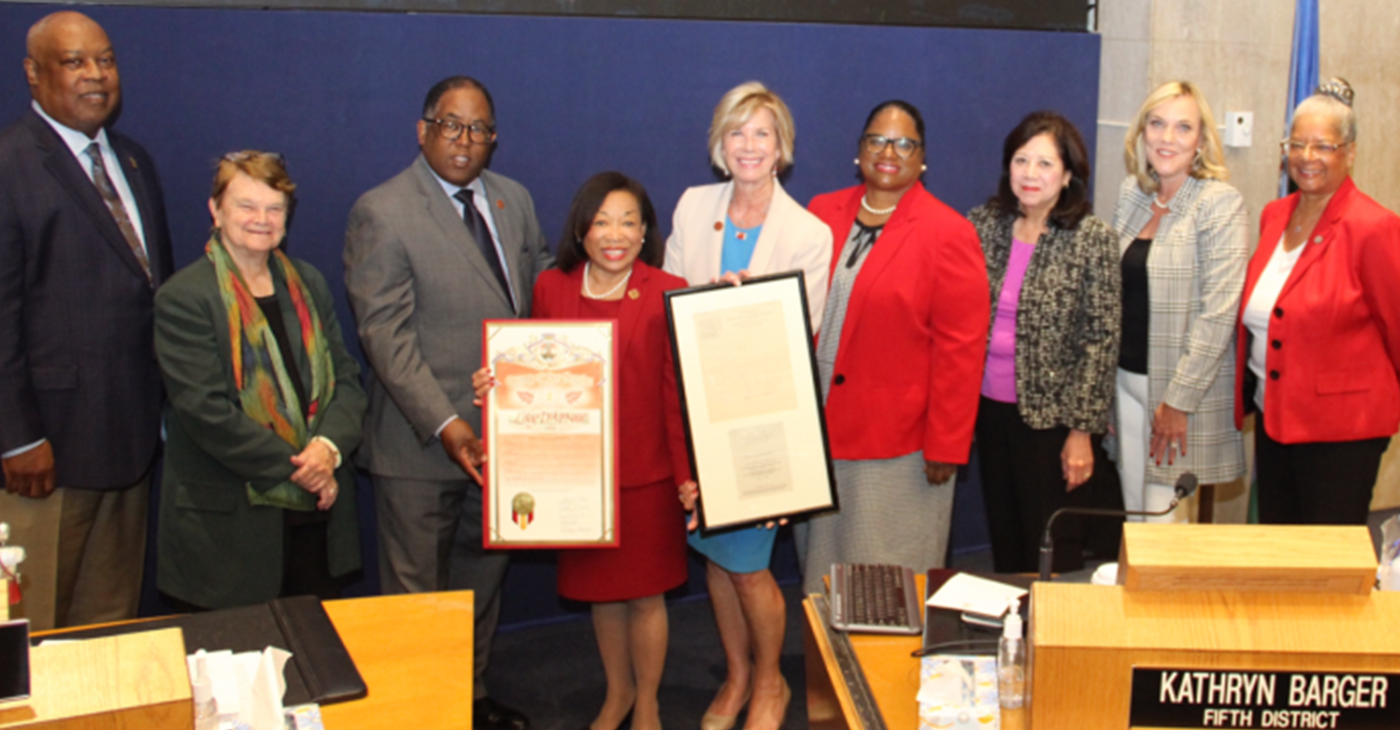 President McNair (center, left) and Supervisor Janice Hahn (center, right) are joined by (left to right) Tuskegee’s First Gentleman Dr. George W. Roberts, Supervisor Sheila Kuehl, Supervisor Mark Ridley-Thomas, Tuskegee Board of Trustees Chair Norma Clayton, Supervisor Hilda Solis, Supervisor Kathryn Barger, and Victoria Pipkin-Lane, retired executive director of the County of Los Angeles’ Quality and Productivity Commission, who organized the Board of Supervisors’ recognition efforts. (Tuskegee University)