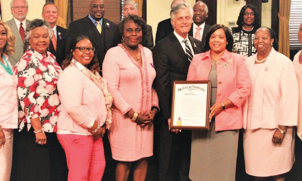 Members of Alpha Kappa Alpha Sorority, Incorporated, Gamma Sigma Omega Chapter receives a City of Savannah proclamation for Breast Cancer Awareness. GSO Chapter members pictured with Mayor Eddie DeLoach and Savannah City Council.