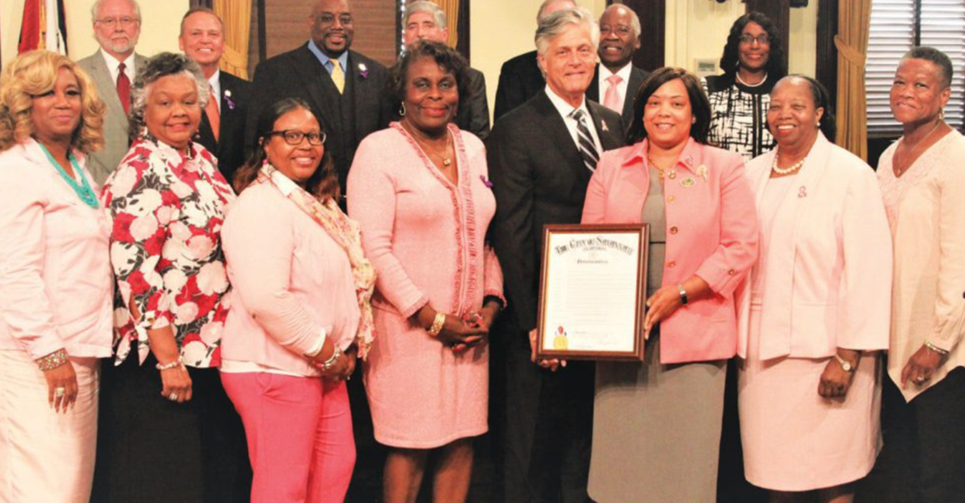 Members of Alpha Kappa Alpha Sorority, Incorporated, Gamma Sigma Omega Chapter receives a City of Savannah proclamation for Breast Cancer Awareness. GSO Chapter members pictured with Mayor Eddie DeLoach and Savannah City Council.
