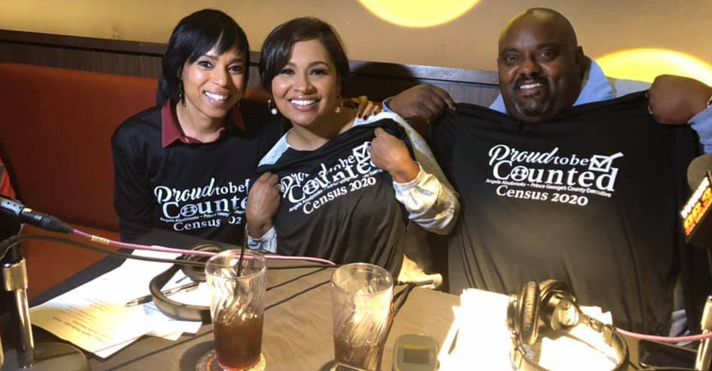 Prince George’s County Executive Angela Alsobrooks, with WHUR radio hosts and husband and wife duo Allison Seymour and Marc Clarke at a 2020 Census promotional event.