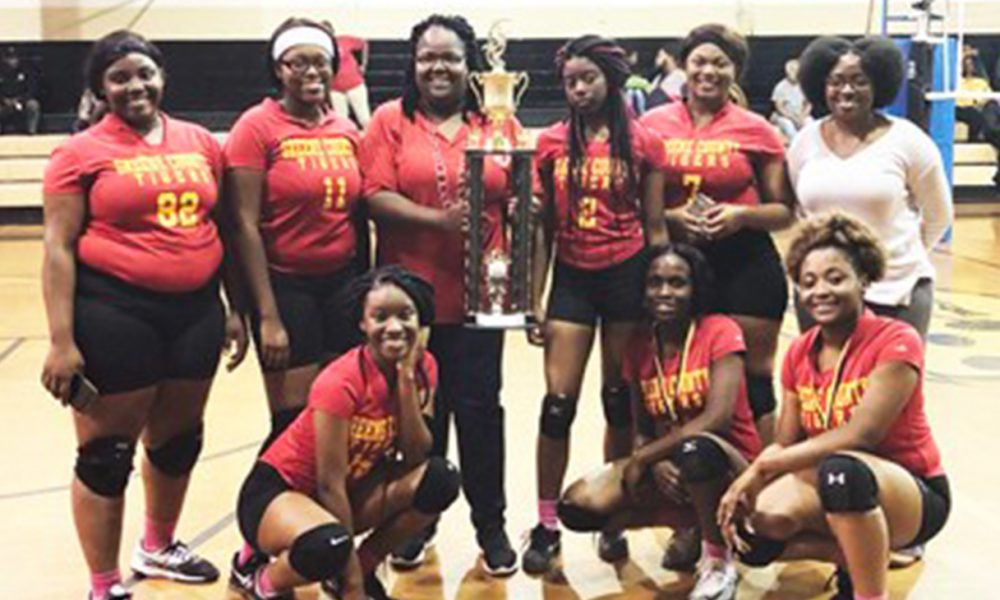 Back Row: A’Mya Edwards, Karyn Atmore, Coach Janice Jeames, Captain Haley Noland, Daesa Goree and Assistant Coach KelviNeisha Williams.(Photo by: greenecodemocrat.com)