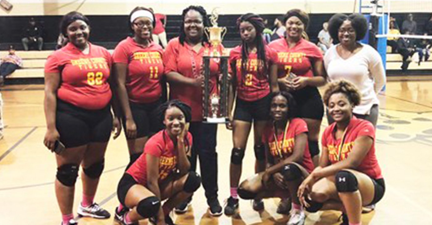 Back Row: A’Mya Edwards, Karyn Atmore, Coach Janice Jeames, Captain Haley Noland, Daesa Goree and Assistant Coach KelviNeisha Williams.(Photo by: greenecodemocrat.com)