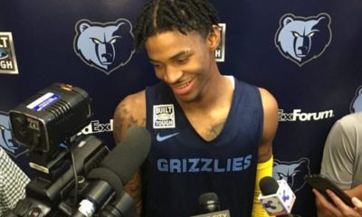 Ja Morant meets Memphis media after his first full practice with the Memphis Grizzlies. (Photo by: Lee Eric Smith)