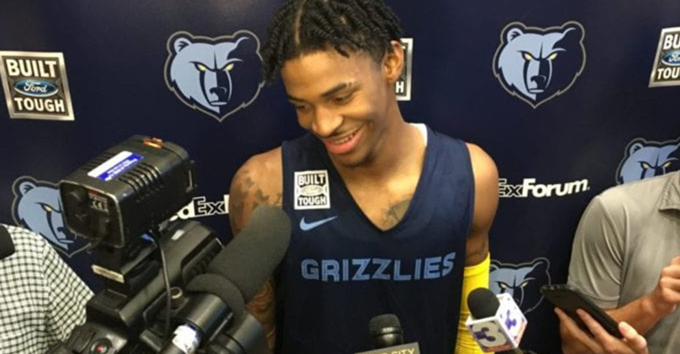 Ja Morant meets Memphis media after his first full practice with the Memphis Grizzlies. (Photo by: Lee Eric Smith)