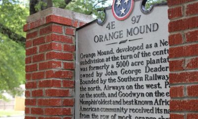 The Orange Mound historical marker sits on Park Avenue, in front of the Orange Mound Community Services Center and Vertie M. Sails gymnasium. (Photo by: Lee Eric Smith)