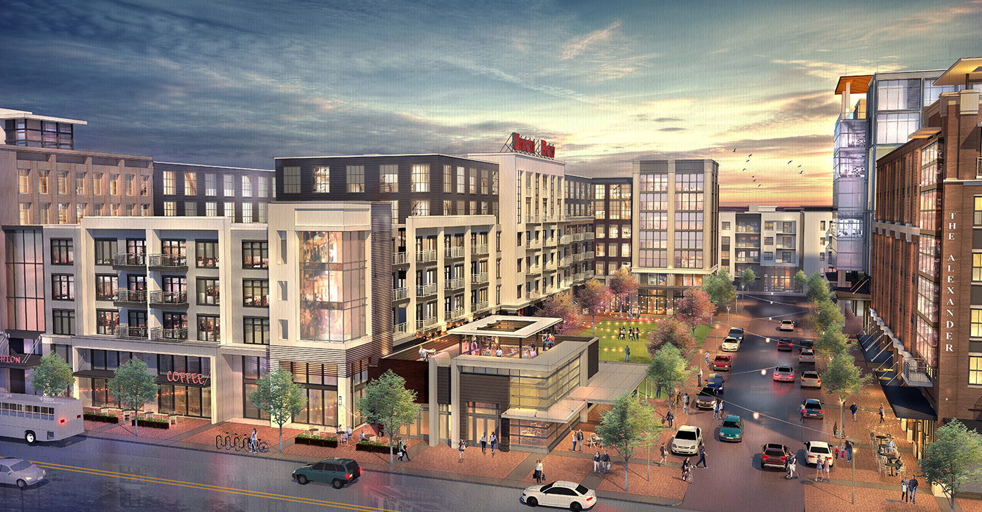 Union Row is designed to transform the gateway to Memphis into a thriving, urban area with new hotels, apartments and lower-level space for retail and office use. The project promises to include 28 percent minority and women-owned business participation. (Rendering: LRK Architects.)