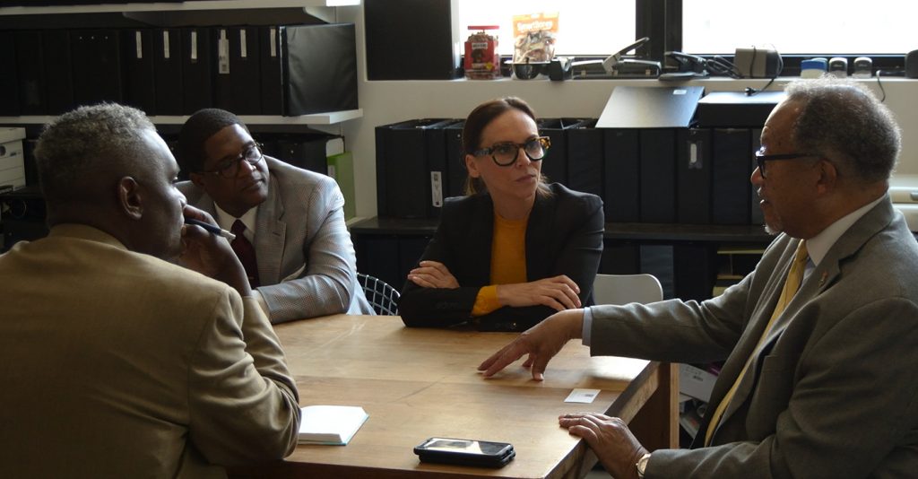 Sitting next to Andrew Wyatt, Bonjean confidently holds court from her informed perspective on the challenges of Bill Cosby’s case inside the recently renovated 150,000-square-foot building in the heart of Brooklyn, NY. (Pictured left to right: Stacy Brown, Andrew Wyatt, Jennifer Bonjean, Dr. Benjamin F. Chavis, Jr. / Photo by John Michael Reefer for NNPA)