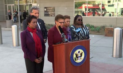 Members of the Congressional Black Caucus, Rep. Karen Bass (D-CA) (center), Rep. Barbara Lee (D-CA) (fourth from left), and Congresswoman Yvette Clarke (D-NY) (far left), along with local Congressman, Rep. Juan Vargas (second from left), visited a shelter for African asylum-seekers in Tijuana November 22, 2019. Attorney Nana Gyamfi, the executive director of the Black Alliance for Just Immigration (far right), joined the group at the border. (Photo: Screen capture KPBS / YouTube)