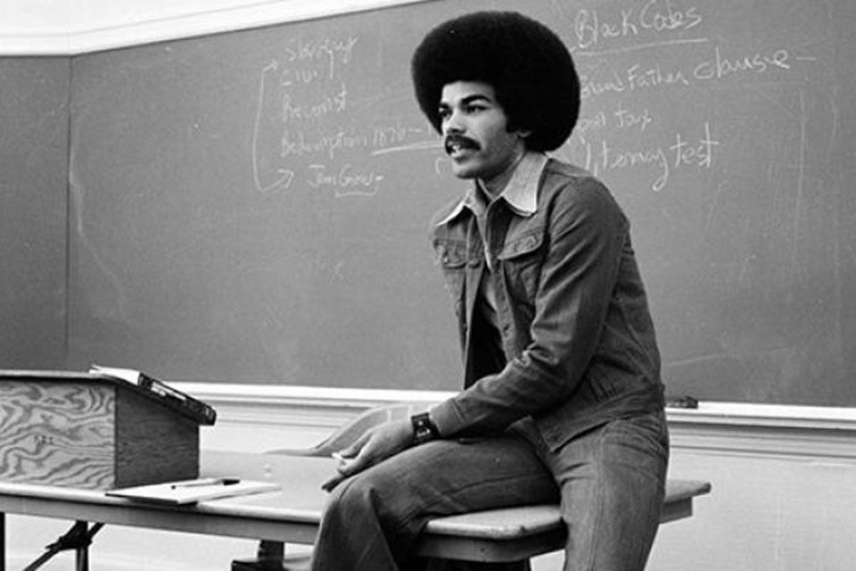 Faculty member and former Black Studies chair Darrell Millner lecturing in 1975. (courtesy of PSU)