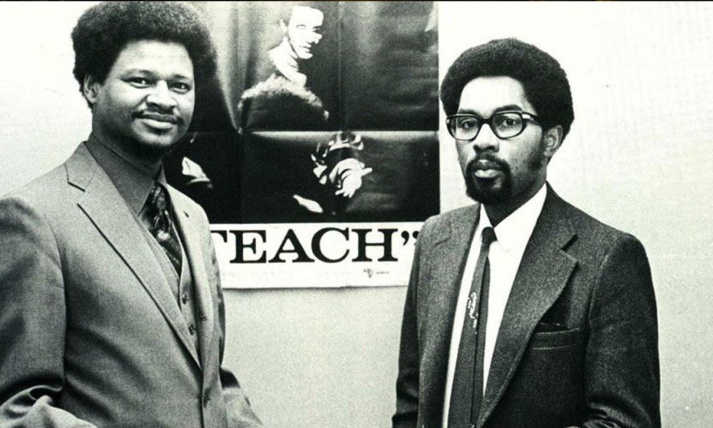 Director of the Black Studies Center Lenwood Davis (left) awards the first certificate ever issues in Black Studies at Portland State to Clarence Barry in 1972. (Photo from 1972 Viking yearbook, courtesy of PSU)