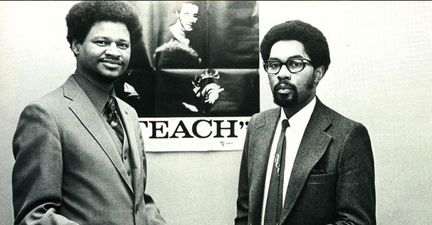 Director of the Black Studies Center Lenwood Davis (left) awards the first certificate ever issues in Black Studies at Portland State to Clarence Barry in 1972. (Photo from 1972 Viking yearbook, courtesy of PSU)