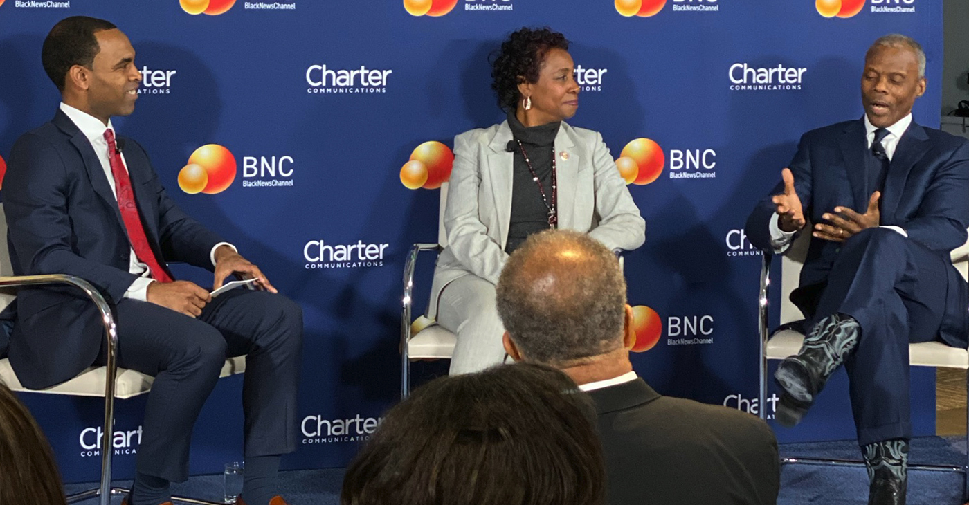 (left to right) Waldo McMillian from Charter Communications, Congresswoman Yvette Clarke (D-NY), BNC Chairman JC Watts (Photo: Cheryl Brownlee)
