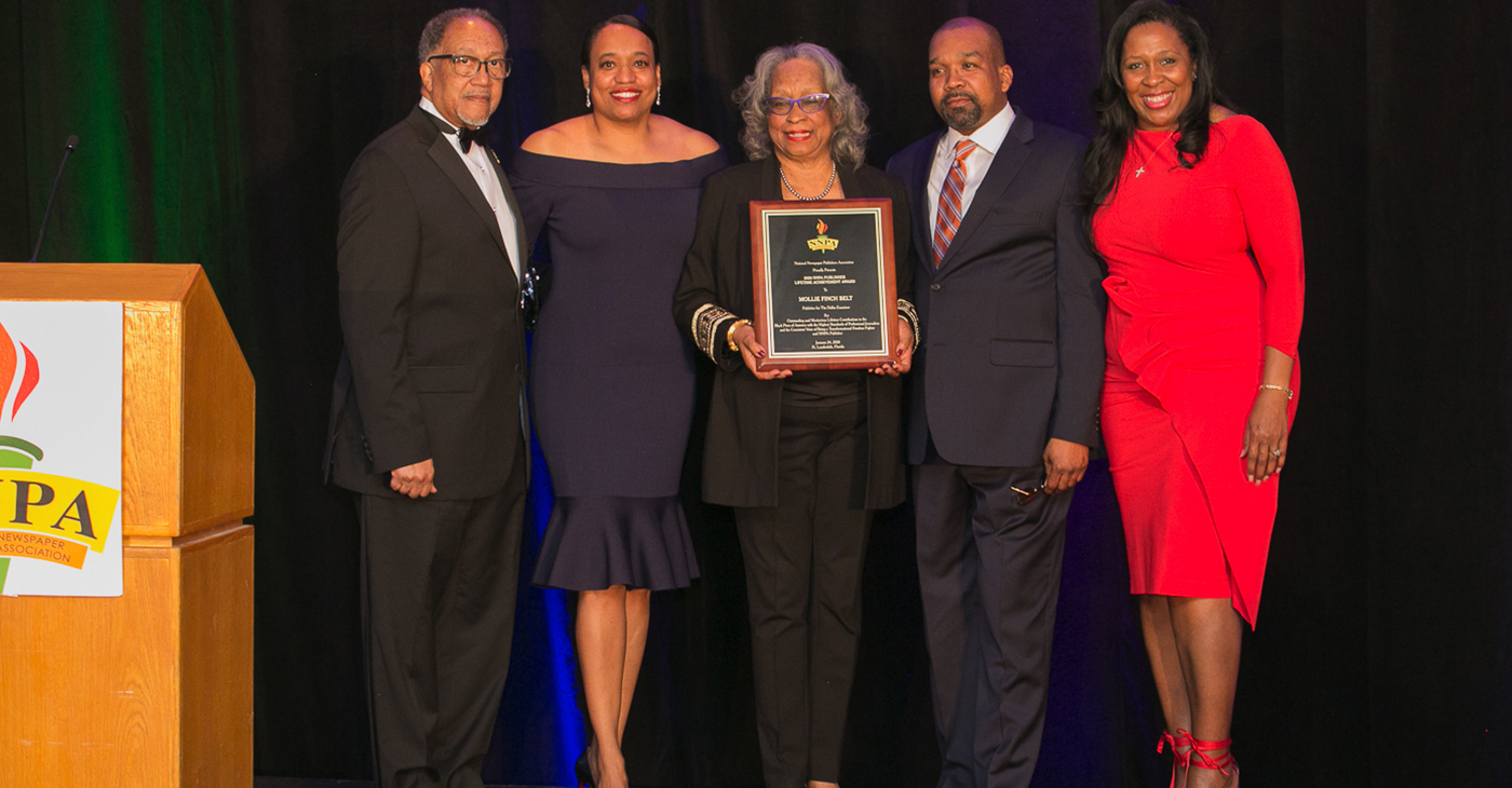 An annual highlight of the conference was the 2020 NNPA Publisher Lifetime Achievement Award, which was presented to The Dallas Examiner’s distinguished publisher, Mollie Finch Belt (Pictured are Dr. Benjamin F. Chavis, Jr., NNPA President and CEO, Dr. Melanie Belt, Mollie Finch Belt, James Belt III, and Karen Carter Richards, NNPA Chair and publisher of the Houston Forward Times).