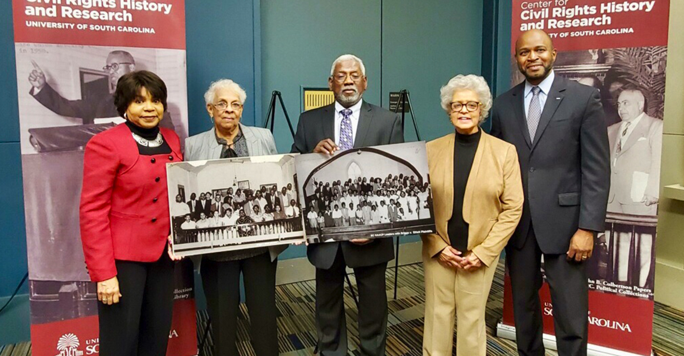 Student plaintiffs of Brown v. Board cases shared memories of the historic struggle in Kansas and South Carolina at the University of South Carolina in January. From left, Cheryl Brown Henderson, Celestine Parson Lloyd, Nathaniel Briggs, Deborah Dandridge, and Dr. Bobby Donaldson, director of the Center for Civil Rights History and Research.