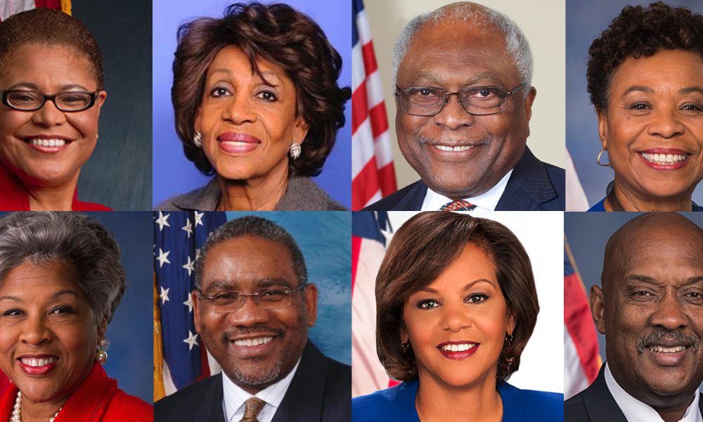 Pictured, top row, left to right: CBC Chair Karen Bass (D-CA), Rep. Maxine Waters (D-CA), Rep Jim Clyburn (D-SC), Rep. Barbara Lee (D-CA), Rep. Joyce Beatty (D-OH), , Rep. Gregory Meeks (D-NY), Rep. Robin Kelly (D-IL), and Rep. Dwight Evans (D-PA).
