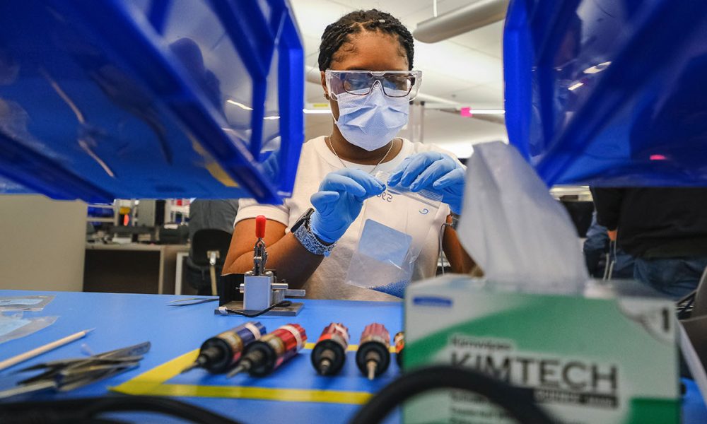 Workers build the first production ventilators at the General Motors manufacturing facility in Kokomo, Indiana, Tuesday, April 14, 2020. GM and Ventec Life Systems are partnering to produce VOCSN critical care ventilators in response to the COVID-19 pandemic. (Photo by AJ Mast for General Motors)