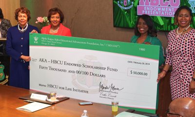 AKA International President and Chief Executive Officer, Dr. Glenda Glover (second from right) is joined by (l-r) former Bennett College President Dr. Phyllis Worthy Dawkins, Jennifer King Congleton, AKA Mid Atlantic Regional Director and Erika Everett, Executive Director, Education Advancement Foundation at Alpha Kappa Alpha International Headquarters in Chicago for grant presentations to 32 HBCUs during Black History Month in 2019.