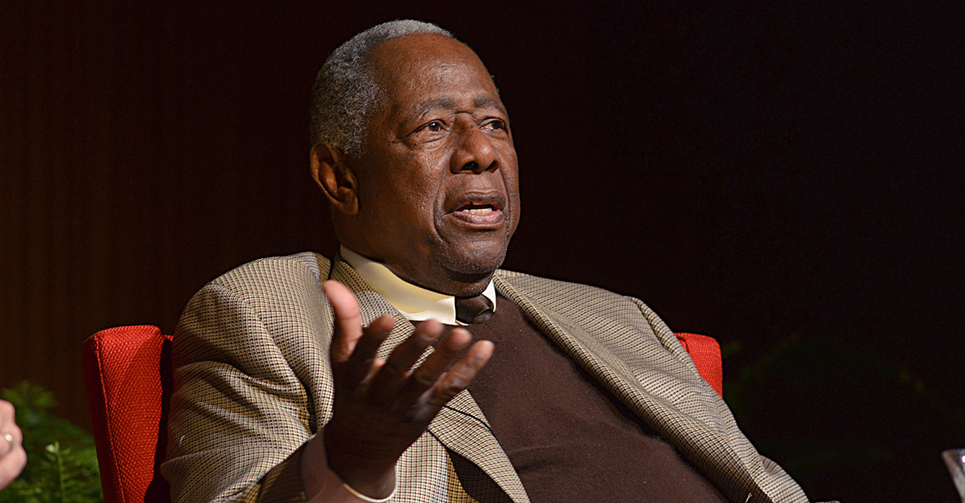 Baseball legend Hank Aaron joined us as the Tom Johnson Lecture Series speaker at the LBJ Presidential Library on January 22, 2015. The program was introduced by LBJ Foundation Chairman Larry Temple and UT baseball coach Augie Garrido and moderated by LBJ Library Director Mark Updegrove. Photo by David Valdez./ LBJ Library / Wikimedia Commons