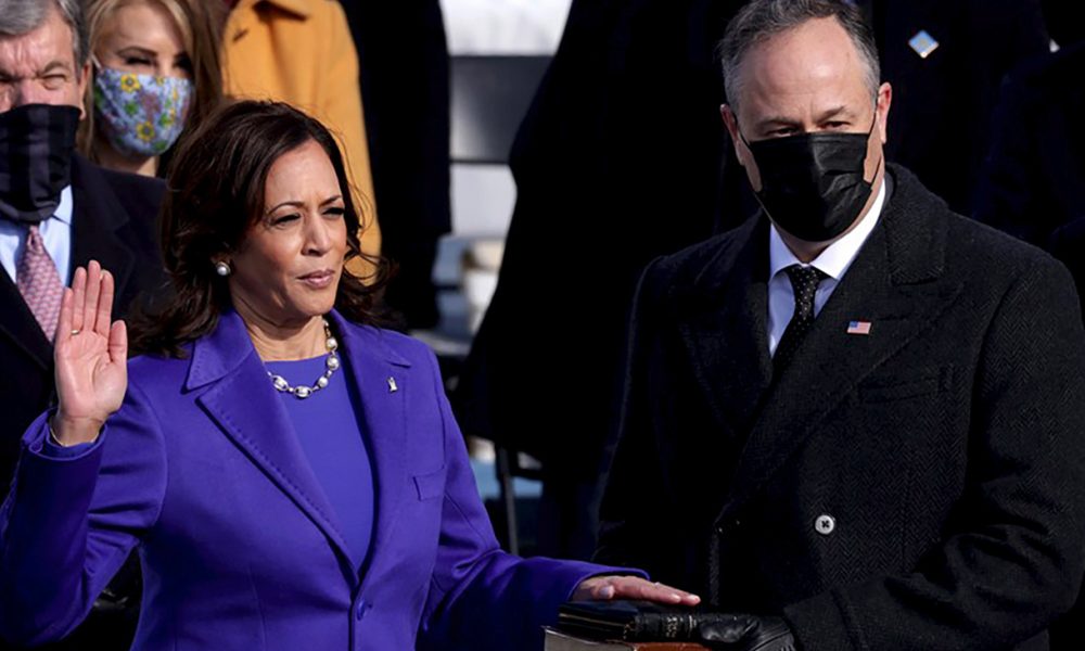 Vice President Kamala Harris receives the oath of office during the inauguration ceremonies.