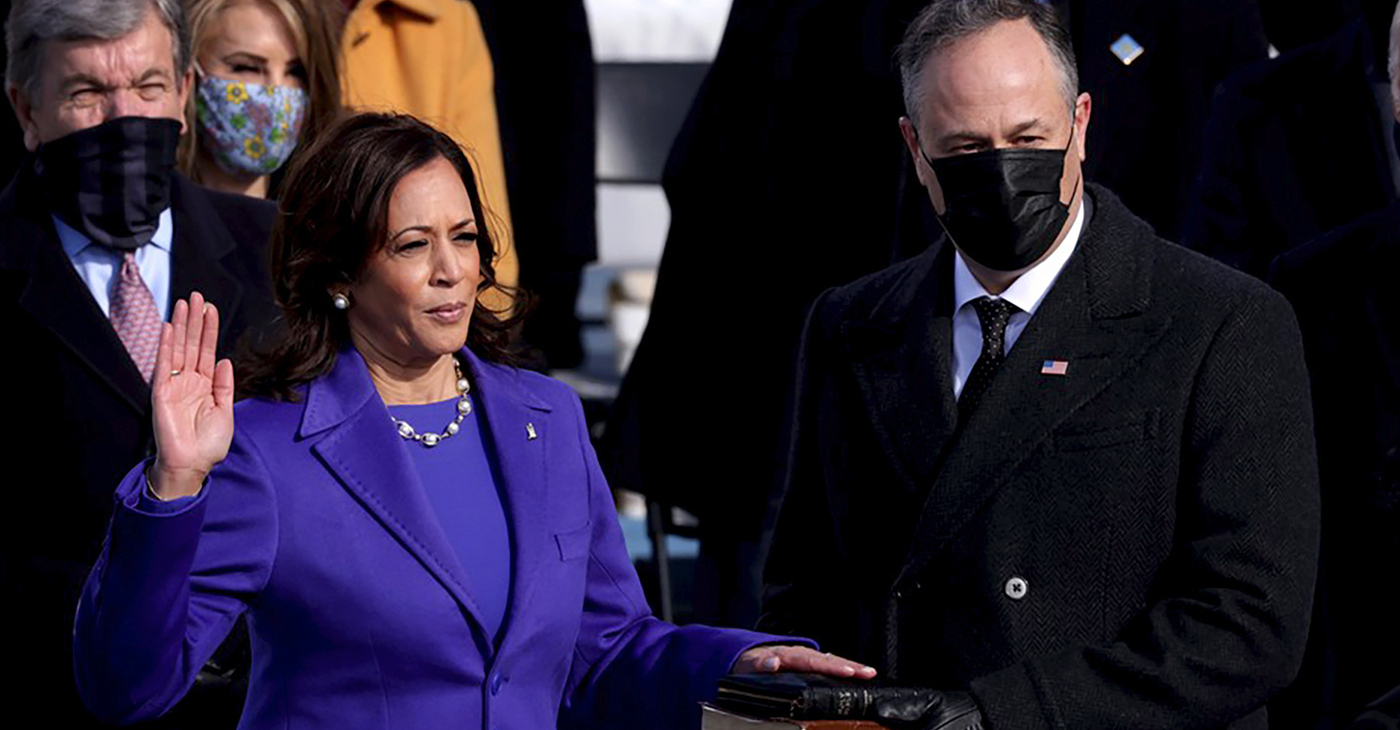 Vice President Kamala Harris receives the oath of office during the inauguration ceremonies.