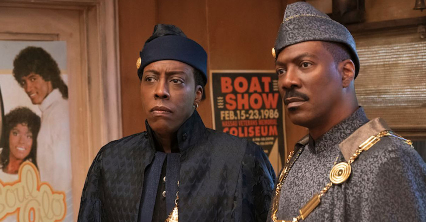 Arsenio Hall (left) and Eddie Murphy are back in Coming 2 America, now streaming on Amazon Prime Video.