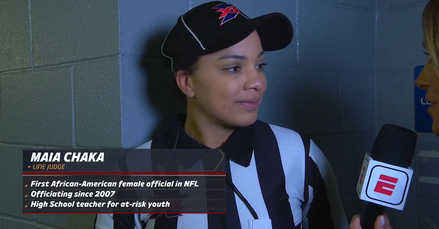 “As long as you put in the work and you are fundamentally sound in anything that you do, you know you will reach your goal,” Chaka offered. (Photo: Interview with XFL referee Maia Chaka / ESPN / YouTube)