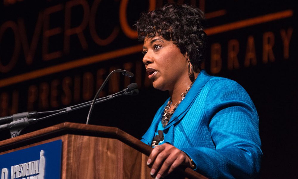 Bernice A. King joined the children of late civil rights champions the Rev. C.T. Vivian, and U.S. Rep. John Lewis, in blasting voter suppression laws that have cropped up since the 2020 election. (Photo: Bernice A. King, daughter of Martin Luther King Jr. and the CEO of the King Center introduces civil rights leaders Julian Bond, John Lewis, and Andrew Young at the Civil Rights Summit at the LBJ Presidential Library. Photo by Lauren Gerson. / Wikimedia Commons)