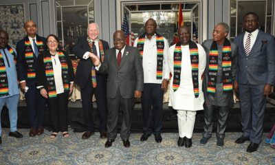 H.E. Nana Akufo-Addo, President of the Republic of Ghana, shakes hands with Chairman of the Board Daniel Rose (left to right:) Akwasi Agyeman, CEO, Ghana Tourism Authority, Board Members Kwame Anthony Appiah, and Deborah Rose, Daniel Rose, H.E. President Nana Akufo-Addo, Hon. Dr. Ibrahim Mohammed Awal, Minister of Tourism, Arts and Culture, Hon. Ken Ofori-Atta, Minister of Finance, Japhet Aryiku, Executive Director, W.E.B. Du Boiis Museum Foundation, Humphrey Ayim Darke, Board Member, W.E.B. Du Boiis Museum Foundation, Ghana 