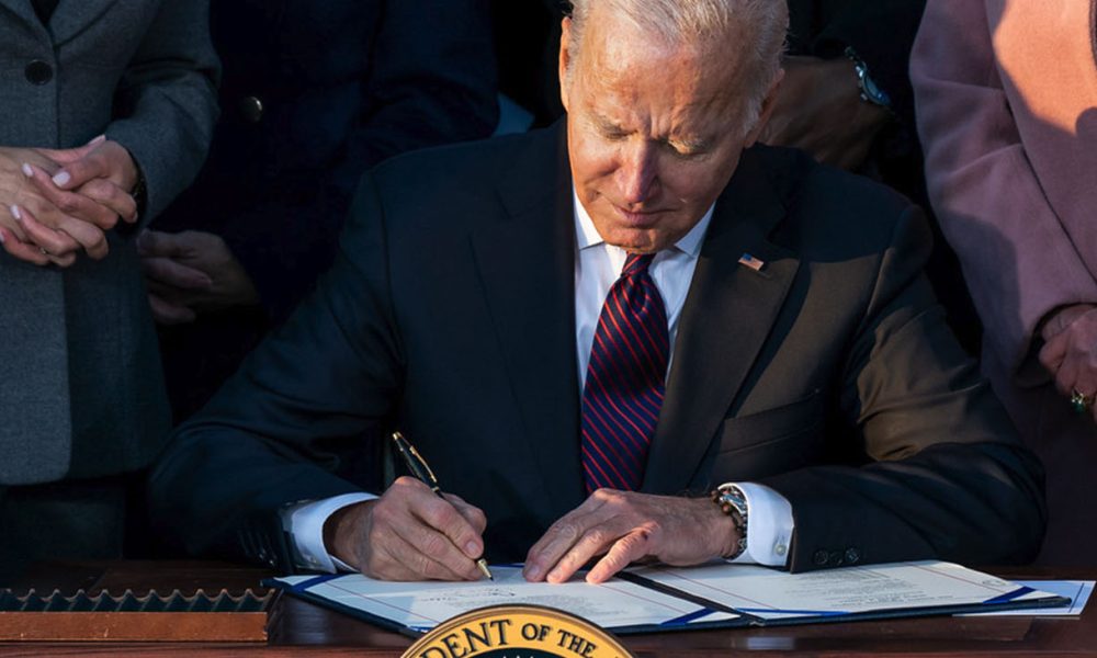 President Joe Biden signing the Infrastructure Investment and Jobs Act, Monday, November 15, 2021, on the South Lawn of the White House. (Official White House Photo by Cameron Smith)