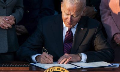 President Joe Biden signing the Infrastructure Investment and Jobs Act, Monday, November 15, 2021, on the South Lawn of the White House. (Official White House Photo by Cameron Smith)