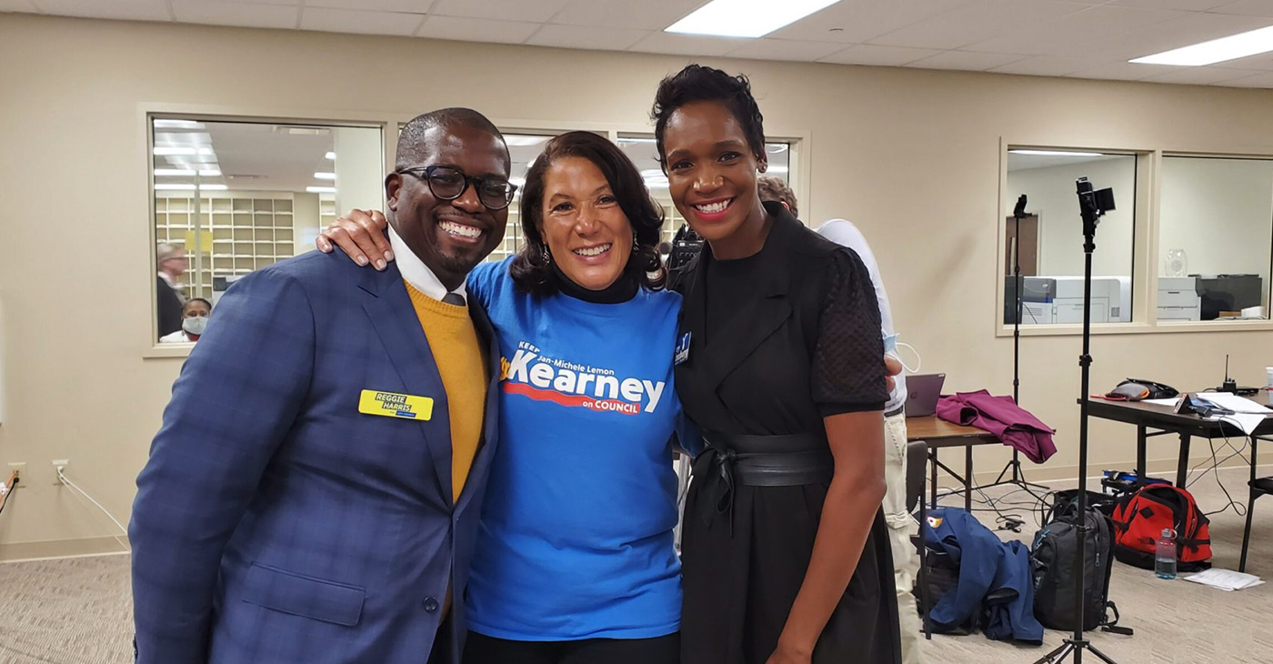 Jan Michele Lemon Kearney (center) who dominated the Cincinnati City Council race celebrates with Reggie Harris, who was elected to City Council and Mary Wineberg who was elected to Cincinnati School Board. at the Hamilton County Board of Elections on Tuesday, Nov. 2, 2021. (Photo by Andria Carter)