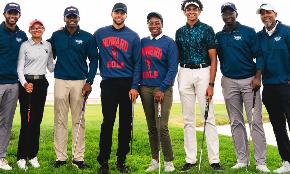 NBA all-star Stephen Curry, fourth from left, is surrounded by members of the program he created during the university’s fundraiser at the famous Pebble Beach Golf Course. From the left, Otis Ferguson, the former Howard student who asked Curry to fund a program, golfers Morgan Taylor, Everett Whiten, Curry, Kendel Abrams, Richard Jones Jr., Edrine Okong and team Coach Sam Puryear