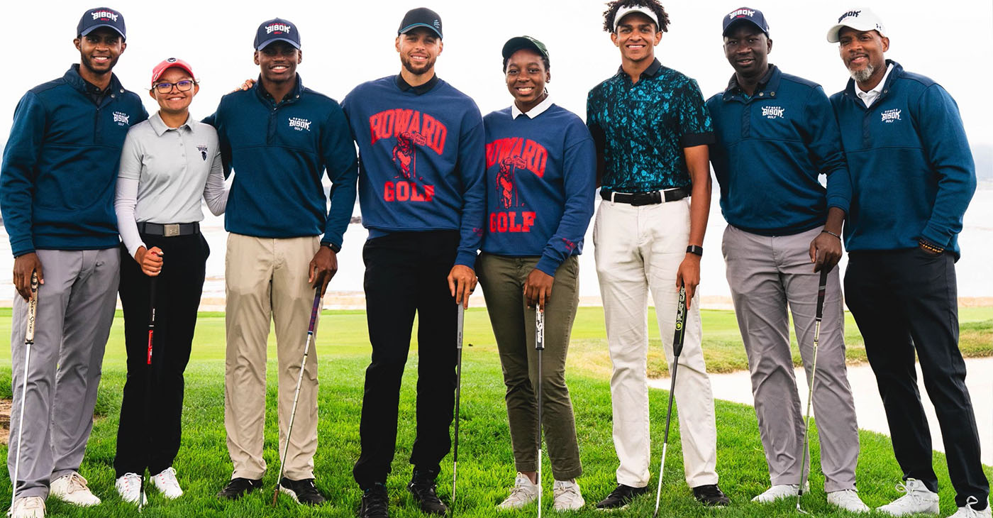 NBA all-star Stephen Curry, fourth from left, is surrounded by members of the program he created during the university’s fundraiser at the famous Pebble Beach Golf Course. From the left, Otis Ferguson, the former Howard student who asked Curry to fund a program, golfers Morgan Taylor, Everett Whiten, Curry, Kendel Abrams, Richard Jones Jr., Edrine Okong and team Coach Sam Puryear