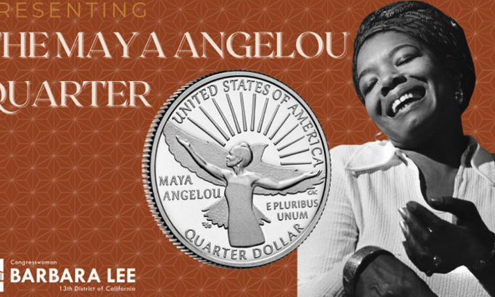 The commemorative new coin features Angelou with her arms uplifted like a bird in flight and a rising sun behind her.