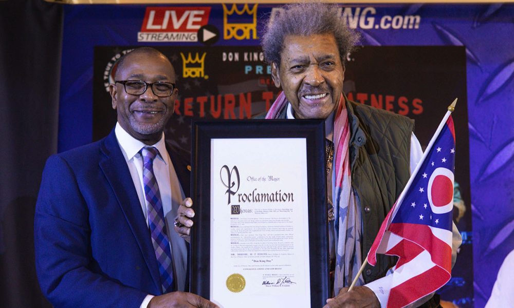 Warren Mayor Doug Franklin presents proclamation to famed boxing promoter Don King on January 22nd at The Grand Resort in Warren, Ohio.